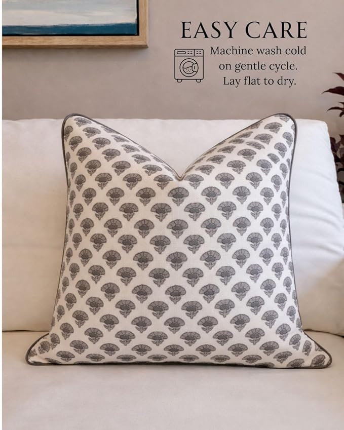 Jillien Harbor The Oliver Patterned Throw Pillow Cover–Blockprint Style Leaf Pillow Print Polycotton Designer Accent for Modern Country Decor, Decorative Use, Fits 20 Inch Insert, 18 x 18 Inch, Brown