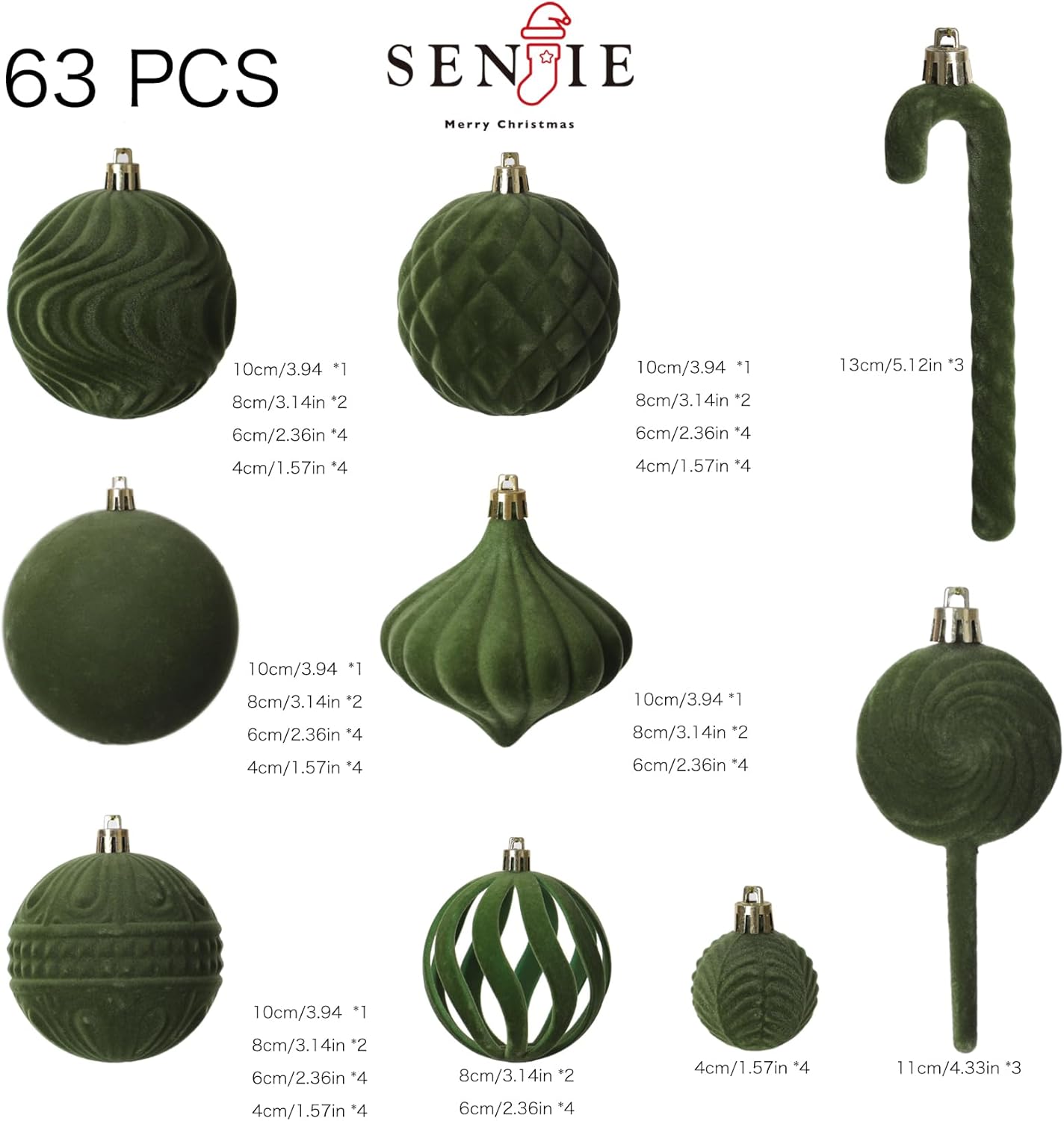 Senjie 2025 Velvet Christmas Ornaments Sets for Christmas,63pcs Xmas Tree Bulk Flocked Shatterproof Christmas Ornaments Balls Decoration Avocado Green