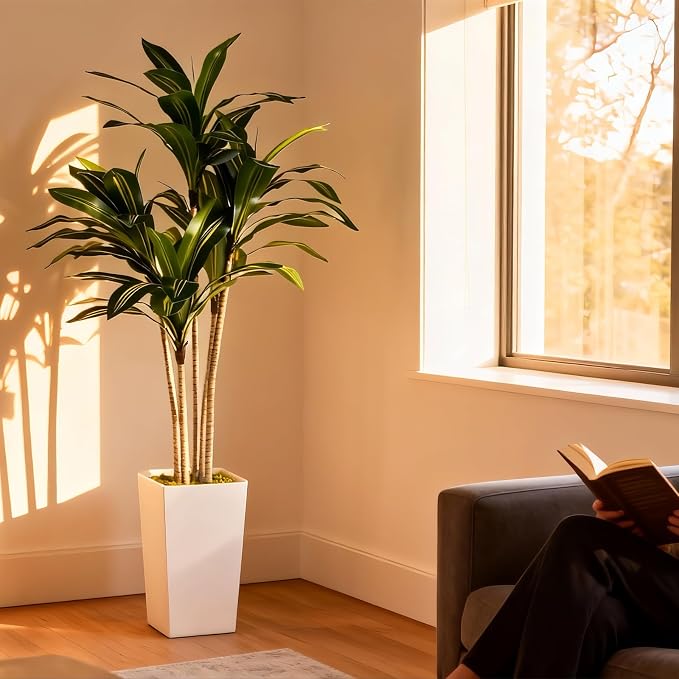 Artificial Dracaena Tree 5FT with White Tall Planter - Faux Tree Tall Fake Floor Plant in Pot-Artificial Plants Indoor for Home Office Living Room Décor (Dracaena 5ft)