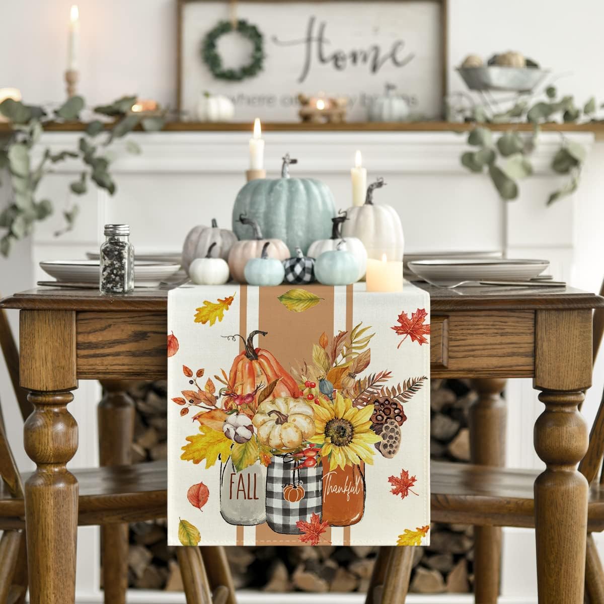 Artoid Mode Thankful Fall Pumpkin Leaves Floral Vases Table Runner, Autumn Thanksgiving Kitchen Dining Table Decoration for Home Party Decor 13x36 Inch