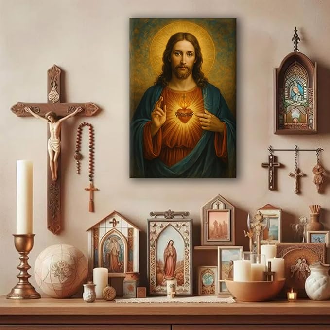 Eysintum Sacred Heart of Jesus Large Canvas Wall Art, Christian Catholic Religious Wall Decor, Faith Art for Bedroom Living Room Prayer Room, Ready to Hang 24x36 Inch