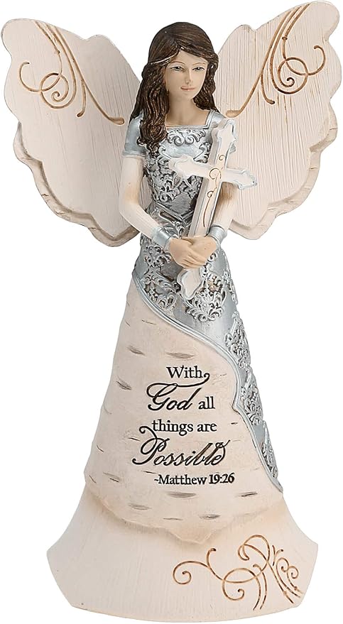 Pavilion - Elements Faith Angel Figurine - 6-1/2-Inch, Holding Cross, Inscription with God All Things are Possible