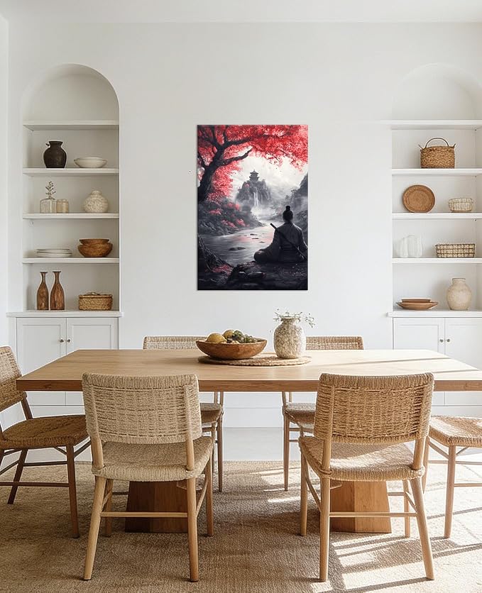 KPLUNDO Japanese Canvas Wall Art Samurai Warrior Picture Red Tree Landscape Paintings Prints Asian Artwork for Living Room Bathroom Home Office Decoration, 16x20 inch