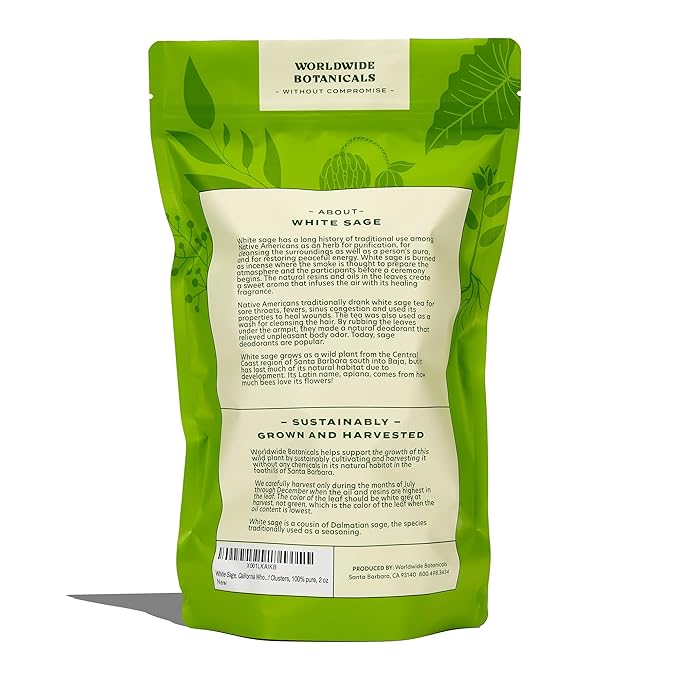 Worldwide Botanicals 100% Pure California White Sage Clusters, 2 oz - Sustainably Cultivated, Loose Leaf, 2 Ounces
