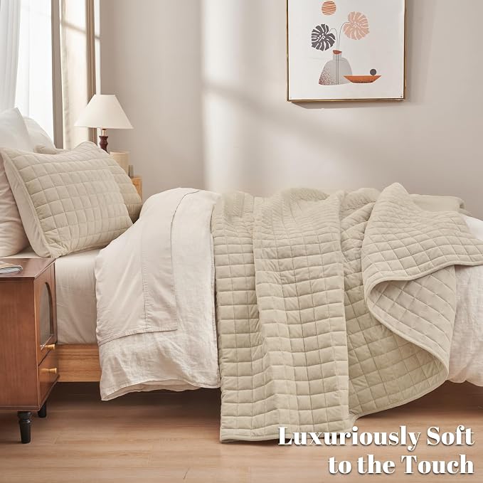 PHF Luxurious Velvet Quilt Set Twin Size – 2PCS Super Soft Quilted Comforter Alternative with Square-Box Quilt Pattern, Warm Quilted Bedspread Coverlet, 68" x 92", Oxford Tan