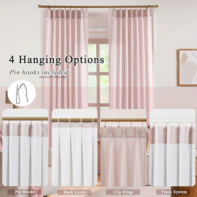 Central Park Pink Pinch Pleat Light Filtering Window Curtain Panels with Microfiber Liner Linen Blended Textured Privacy Drape 90 Inches Long for Living Room Bedroom with Back Tabs Hooks, 40"Wx90"Lx2