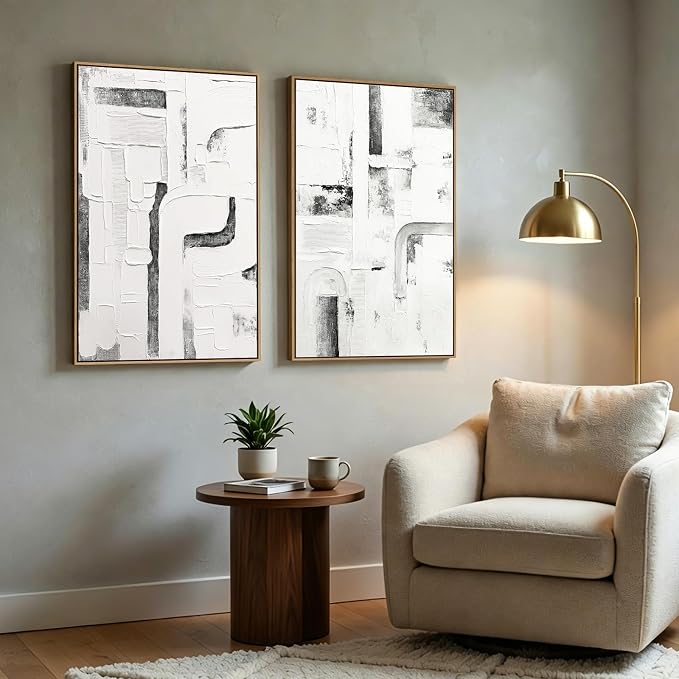 SAFERRYHOME Abstract Neutral Hand Painted Wall Art, 24"x36"x2 Framed | Large 3D Textured Framed Canvas Wall Decor, Modern Painting Minimalist Geometric Texture Artwork for Home Office Living Room