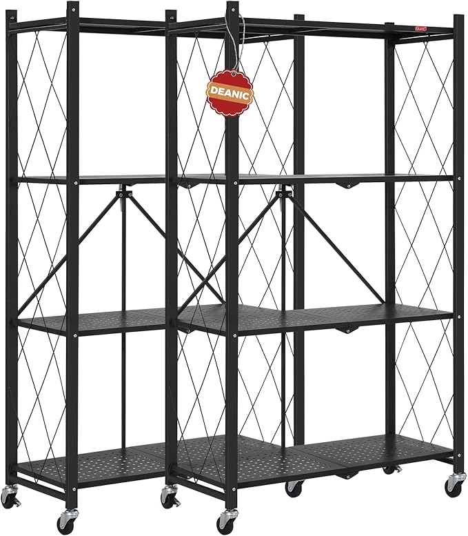 DEANIC 4 Tier Foldable Storage Shelves with Wheels, Large Capacity Shelving Unit, Freestanding Metal Wire Shelf Rack, No Assembly Organizer Rack for Garage Kitchen, Basement, Pantry(Black Pack of 2)