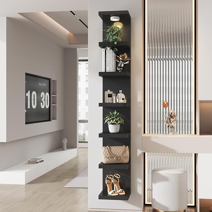 7-Tier Vertical Wall Shelf Unit with USB Rechargeable Led Light (Remote Controlled),Versatile Floating Display Shelves,Lack Style Wall Shelves for Bedroom,Living Room,Office Decor,Vanity-Black