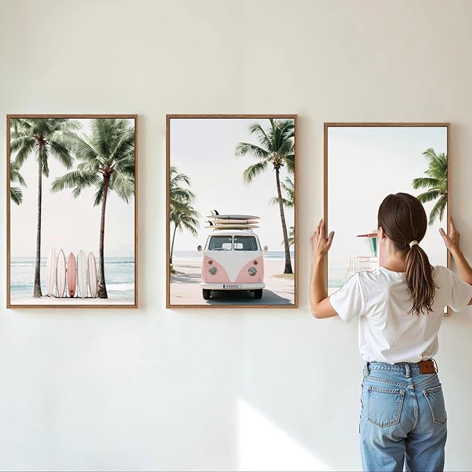 KYLESONLIE Tropical Beach Themed Framed Canvas Wall Art, Pastel Girly Surfboard Wall Decor, Relaxing Hawaii Palm Tree Posters, Coastal Beachy Art Paintings for Girls Bedroom Living Room Dorm 24"x36"x3