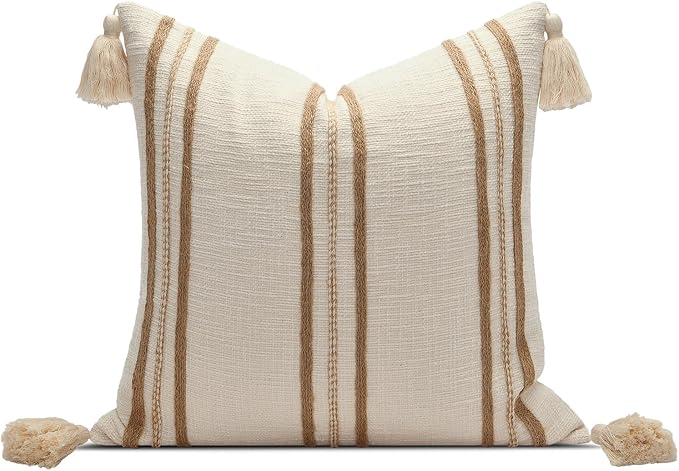 Cream Boho Decorative Throw Pillow Cover 20x20 | Modern Farmhouse Square Pillows Cushion Cover for Couch Bed Living Room Accent