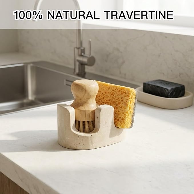 Travertine Sponge Holder for Kitchen Sink, 2-in-1 Sponge & Brush Holder, 2 Slot Natural Stone Sink Caddy for Countertop, Keeps Countertops Dry, Non-Slip Base, Elegant Kitchen Decor, Beige