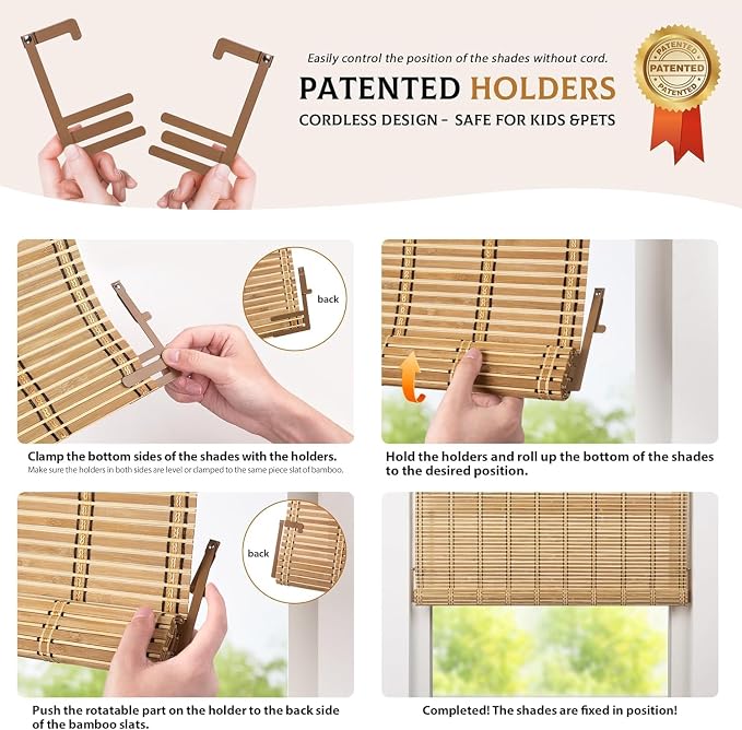 LazBlinds Cordless Bamboo Blinds, Custom Size, Whitewash B | Bamboo Roll Up Shades for Windows, Light Filtering Hanging Window Blinds, Bamboo Shades for Patio Indoor/Outdoor Porch
