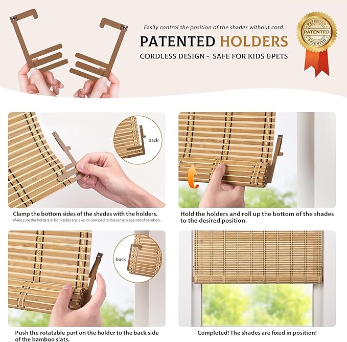 LazBlinds Cordless Bamboo Blinds, Custom Size, Squirrel | Bamboo Roll Up Shades for Windows, Light Filtering Hanging Window Blinds, Bamboo Shades for Patio Indoor/Outdoor Porch