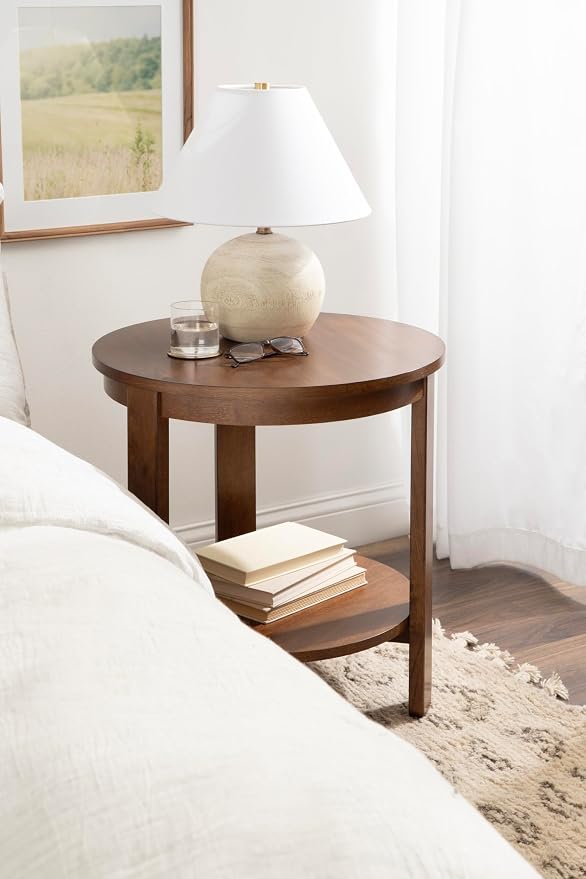 Kate and Laurel Foxford Tiered Round Side Table; 22 x 22 x 24; Walnut Brown; Transitional Two-Tier Circle Nightstand Table with Storage and Resilient Wood Construction for Bedroom Decor