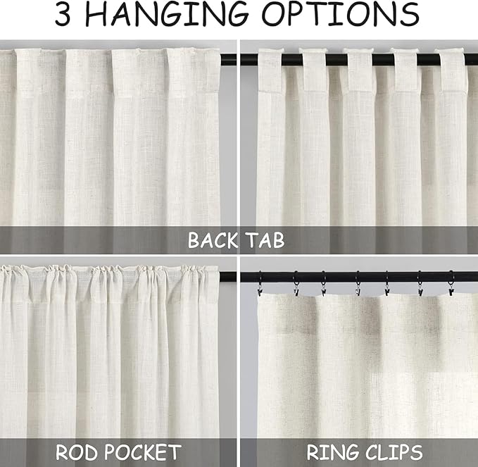 Nanspring 30 Inch Long Cream Curtains for Kitchen Linen Blend Semi Sheer Light Filtering Back Tab and Rod Pocket Rustic Farmhouse Decor for Bathroom Small Window Curtain 29 x 30 Inch, 2 Panels