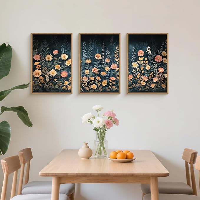 HPNIUB Vintage Dark Wildflowers Framed Wall Art Set,Modern Moody Floral Wall Decor,Botanical Colorful Vibrant Printing,Nature Spring Flower Artwork for Living Room, Bedroom,Office-16''x24''x3