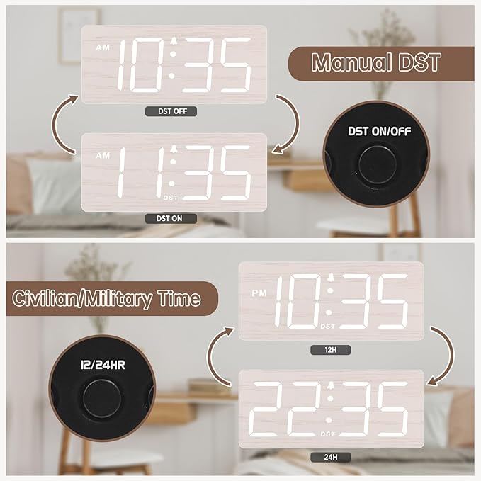 DreamSky Wooden Digital Alarm Clock for Bedroom - Desk Clock for Living Room with Large Numbers, Dimmer, Loud Alarm for Heavy Sleepers with Volume Control, DST, Office Wood Decor (Plug in Clock)