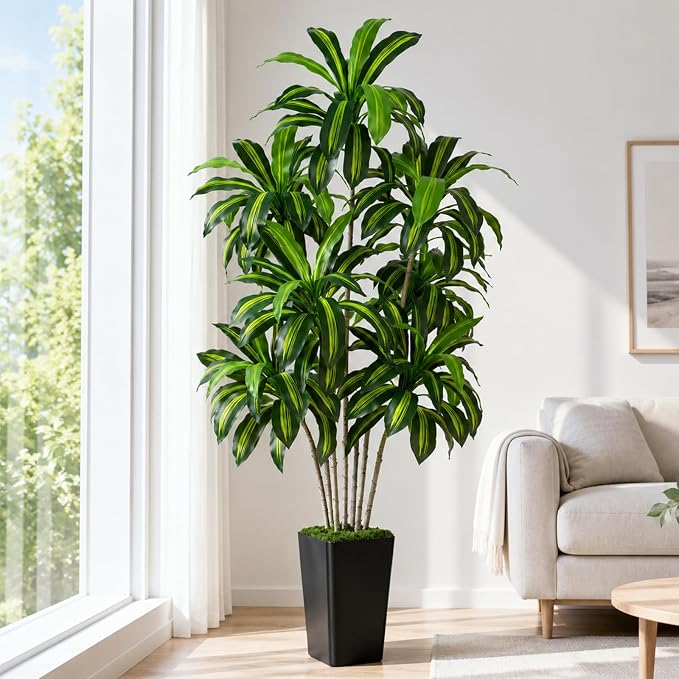 Dracaena Plant Artificial Tree 7Ft Tall Fake Tropical Floor Plants Potted (Real Touch) Artificial Silk Tree Leaf Faux Trees Black Tall Planter for Home Office Living Room Indoor Outdoor Decor