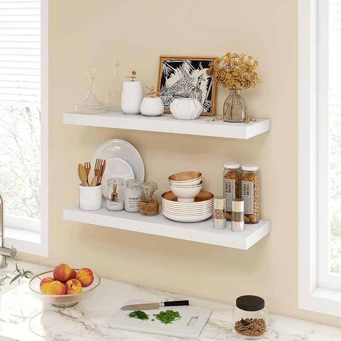 Acovy 30 Inch Floating Shelves, 9.3" Deep Floating Shelf Wall Mounted, 30" Wall Shelves, Rustic Deep Bookshelf, Large Display Shelves & Storage Shelves for Bedroom, Living Room, White, Set of 2