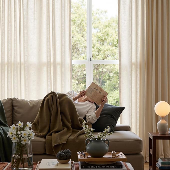 jinchan Custom Size Curtain Beige Linen Blend Curtain 1 Panel for Bedroom Living Room Light Filtering Natural Farmhouse Rustic Grommet Drape (Ecru)