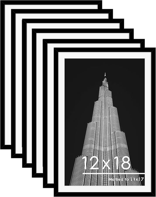 PEALSN 12x18 Picture Frame Set of 6, Display Pictures 11x17 with Mat or 12x18 without Mat for Wall Mounting Display, Poster Frames Collage for Wall Decor, Black.