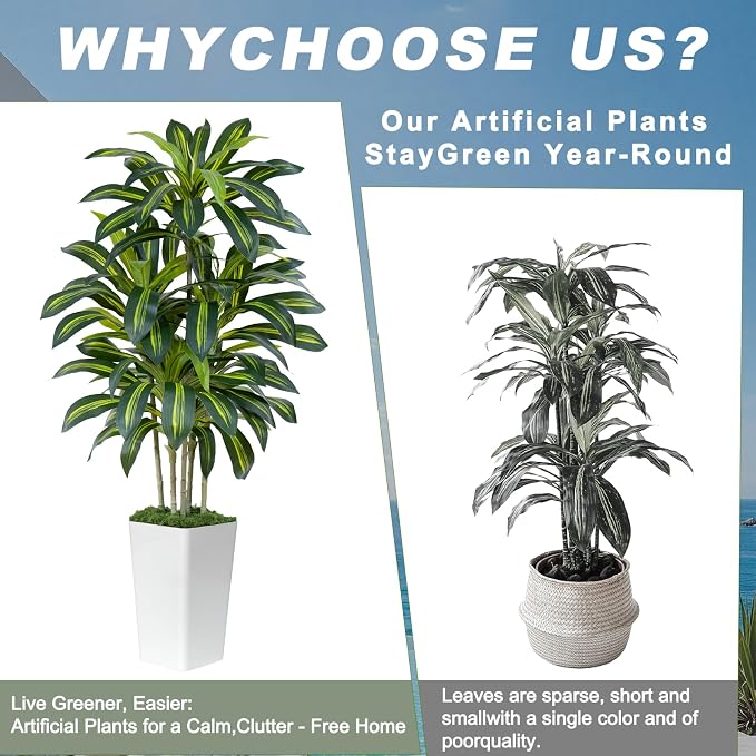 Dracaena Plant Artificial Tree 5Ft Tall Fake Tropical Floor Plants Potted Artificial Silk Tree Leaf Faux Trees White Tall Planter for Home Office Living Room Indoor Outdoor Decor