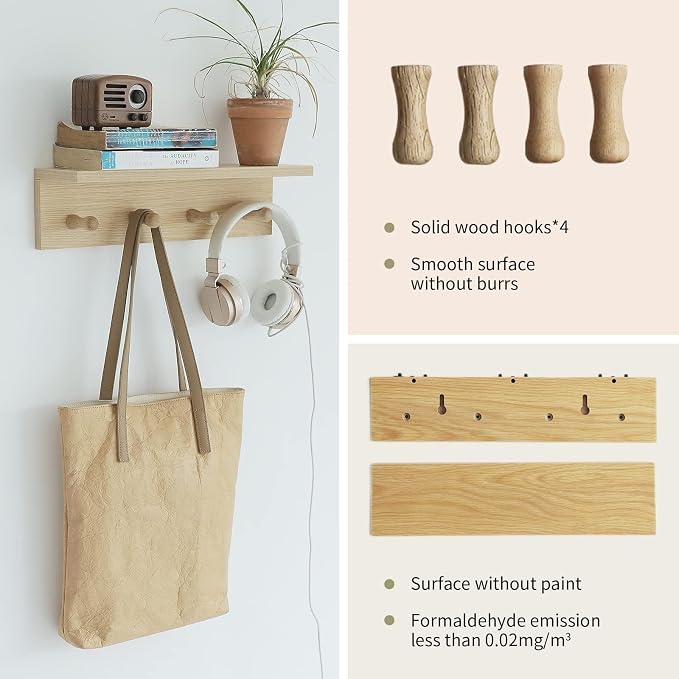 Small Entryway Shelf with Hooks, Wall Mounted Coat Rack with Shelf for Small Spaces, Wooden Floating Wall Organizer for Entryway, Mudroom, Nursery, Bathroom & Kitchen (Oak Finish)