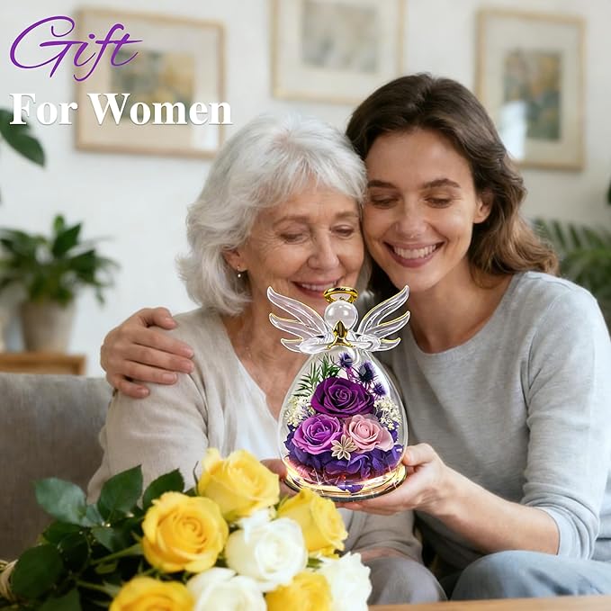 Purple Rose Gifts for Mom Birthday Gifts for Women | Forever Rose in Glass Fresh Flowers for Delivery | Preserved Rose Angel Figurine Mother’s Day for Mom Grandma from Daughter Birthday Gifts