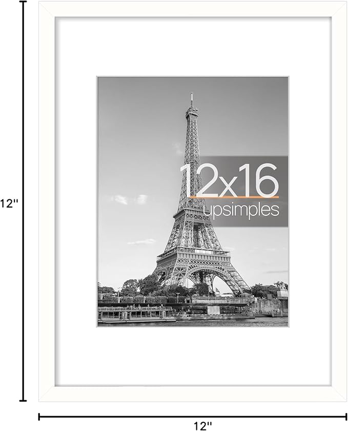 upsimples 12x16 Picture Frame, Display Pictures 8.5x11 with Mat or 12x16 Without Mat, Wall Hanging Photo Frame, White, 1 Pack