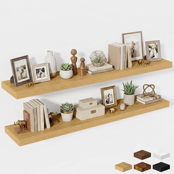 Fun Memories 72 Inch Fireplace Mantel Shelf, 12 Inch Deep Shelves for Display & Wall Storage, Rustic Wood Wall Shelf, Extra Long Floating Shelves for Living Room Laundry Room, Oak, Set of 2