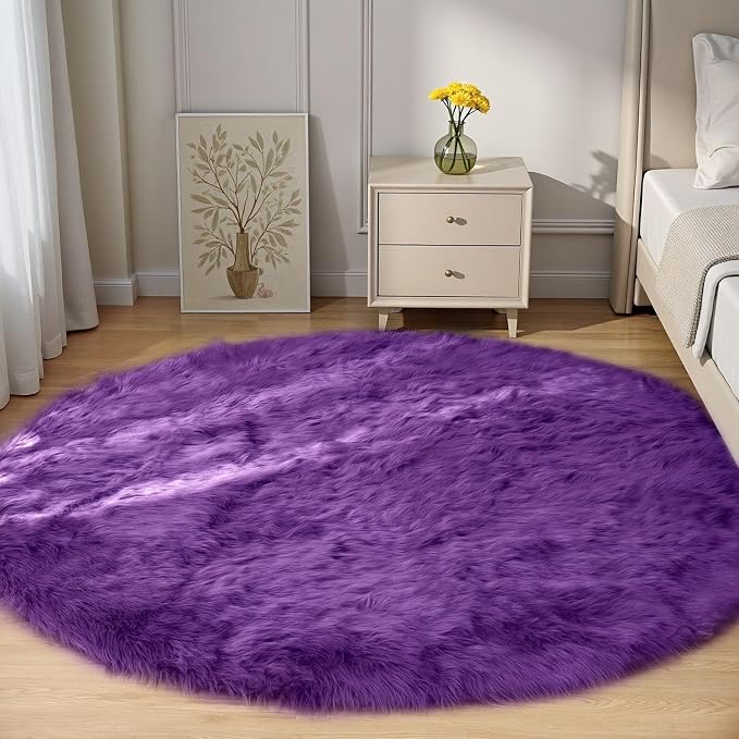 Goolela Purple Circle Rug 5ft Fluffy Round Fuzzy Furry Faux Fur Sheepskin Carpet for Bedroom Living Room Plush Washable