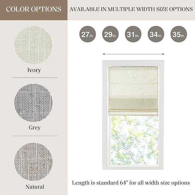 Madison Park Kyler Cordless Roman Shades - Single Panel, Lightweight Linen Blend Fabric, Natural Design, Easy Installation, Light Filtering Window Blind, Bedroom, Living Room Decor 34"W x 64"L Ivory
