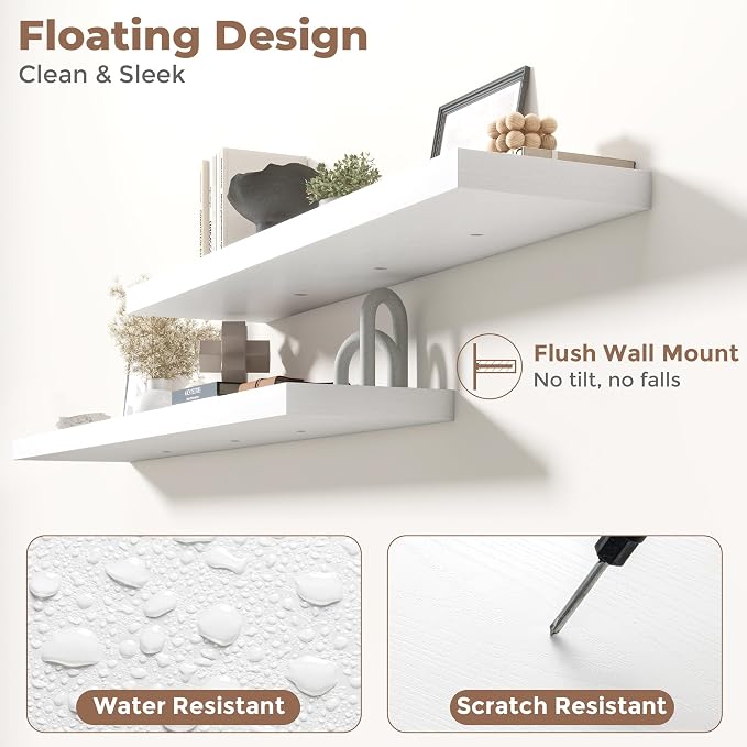 55 Inch Floating Shelves for Wall with Invisible Brackets Set of 2, 12"D Engineered Wood Wall Shelves with Wood Grain for Living Room, Bedroom, Bathroom, Kitchen Decor and Storage, White Finish