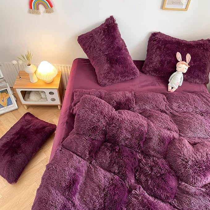 chovy Faux Fur Plush Grape Purple Comforter Sets Twin - Ultra Soft Shaggy Flannel Velvet Fluffy Fuzzy 3PC Bedding Set （Comforter x 1 Pillowcases x 2）