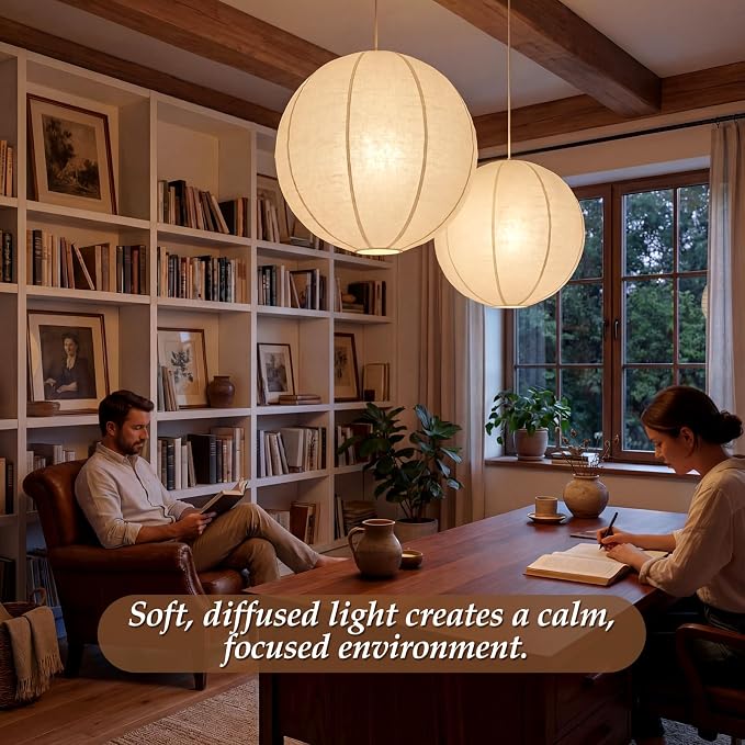 Nuanchu 2 Pack Linen Lantern Lamp Plug in Pendant Light 20 Inch Hanging Lamp Shade with 20 ft Cord Minimalist Light Covers Japanese Chandelier for Ceiling Dining Living Room Artistic Decor(Round)