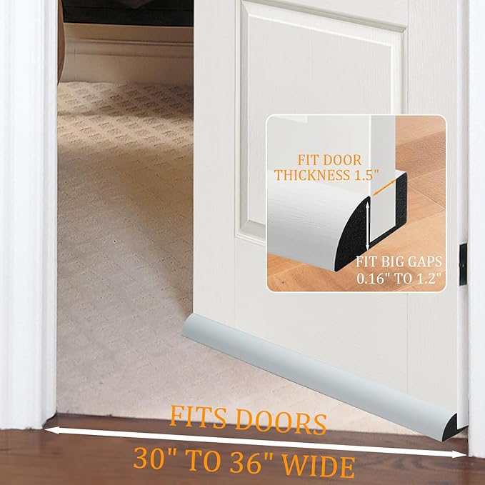 2 Pack Door Draft Stopper 36" Adjustable Under Door Draft Stopper Soundproofing 30 Inch to 36 Inch Noise Blocker Seal Large Gap up to 1.2", Easy to Install White
