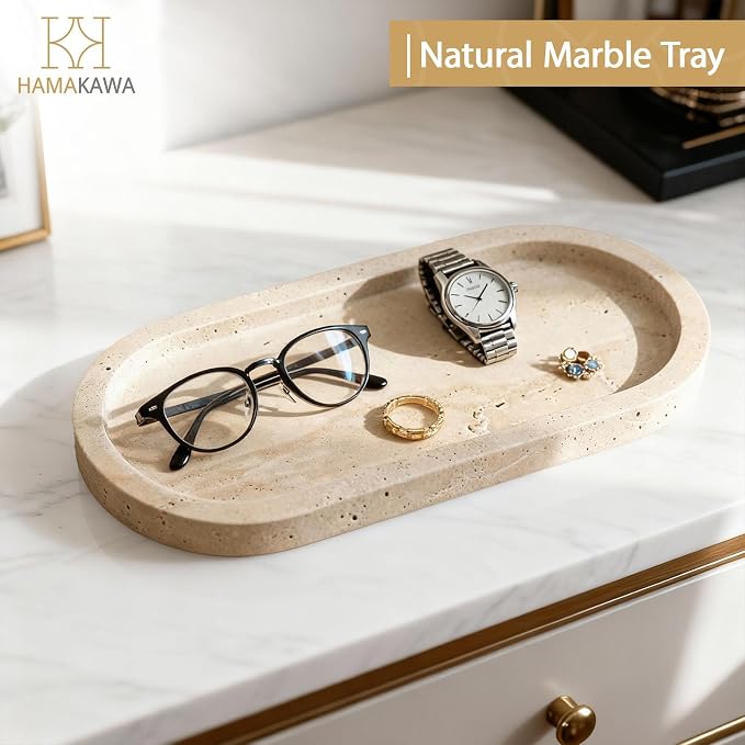 Turkish Natural Marble Vanity Tray, Oval Bathroom Tray 10 inch, Beige Travertine Perfume Trays, Vanity Organizer for Soap, Kitchen, Home Decor