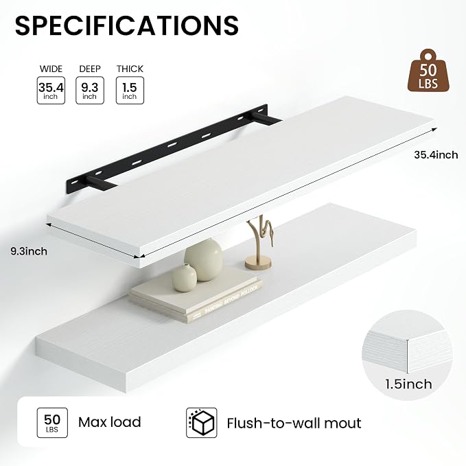 Heimlove Floating Shelves for Wall 36 Inches Long,9.3" Deep White Floating Shelf Set of 2,Wall Mounted Shelves for Bathroom Bedroom Living Room Kitchen Office,Shelf for Books Storage,Home Decor