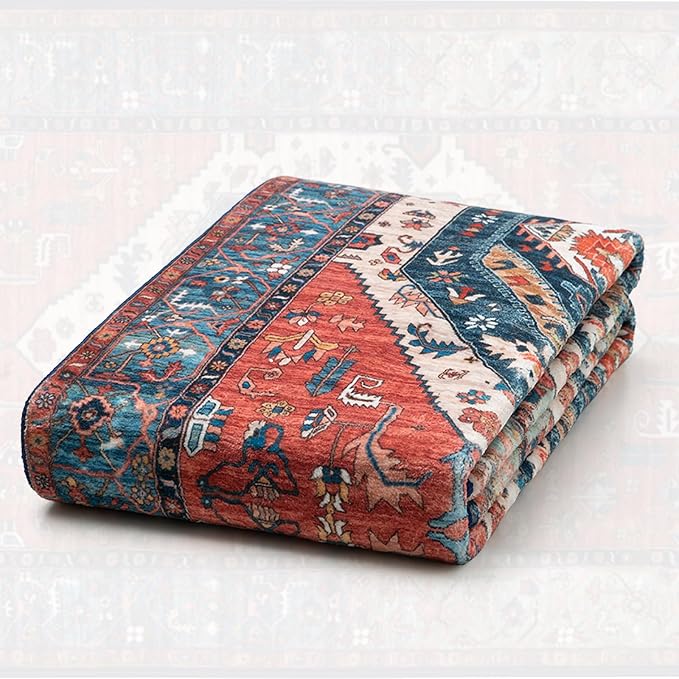 SERISSA 8x12 Area Rugs for Living Room, Large Washable Non-Slip Boho Rug, Ultra Soft Vintage Rust Oriental Tribal Print Distressed Carpet for Dining Room Bedroom Office Home Decor