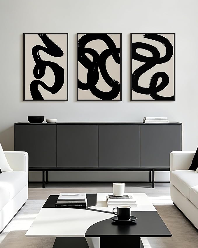 PHOPAGO Black Abstract Modern Framed Wall Art Large 16x24in Ink Wash Minimalist Thick Black Lines Paints Artwork Bedroom Living Room Home Decor - Black Framed