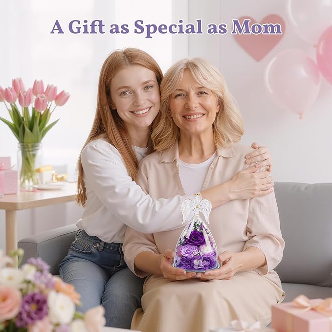 TranquilBliss Gifts for Mom, Flowers for Mother’s Day, Preserved Rose in Glass Dome with Light, Angel Figurines for Her Birthday, Valentine’s Day for Wife, Grandma, Women - Purple