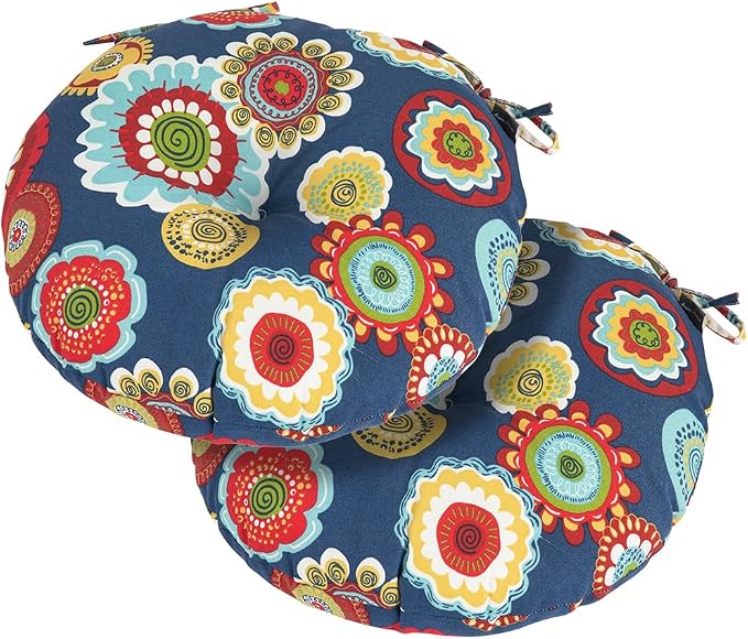 Magpie Fabrics Outdoor Round Bistro Seat Cushions with Ties, 15"x15"x4" Set of 2, Tufted Waterproof Barstool Chair Pads for Patio Home Garden Office, Floral Navy