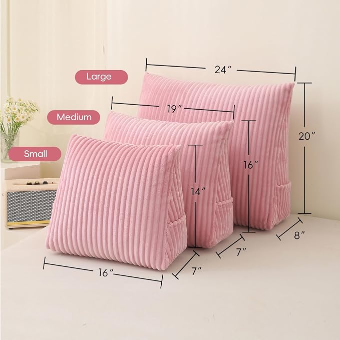 Corduroy Wedge Reading Pillow for Bed, 3 Sizes, 4 Colors for Bed, Sofa, Office Chair (Pink, Medium 19 * 16 * 7in)