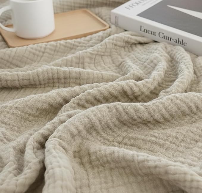 KyraHome 100% Organic Cotton Muslin Blankets for Adults, 60“x80 Pre-Washed Plant Dyed Breathable Gauze Lightweight Summer Throw Blanket for Couch, All Season, Oatmeal Khaki