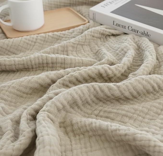KyraHome 100% Organic Cotton Throw Muslin Blankets, 90"x90", Pre-Washed Plant Dyed, Breathable Lightweight Soft Gauze Summer Blankets for Adults, Bed, All Season, Oatmeal Khaki