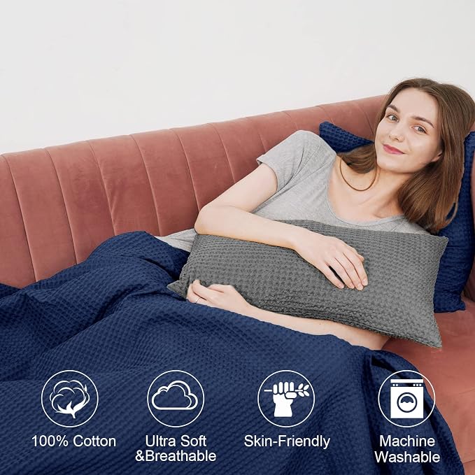 PHF Pre-Washed 100% Cotton Waffle Weave Throw Blanket for Couch, Lightweight Breathable Bed Blanket for Spring Summer, Snag Proof Machine Washable, Home Decor Gift - Navy Blue/Bright Blue