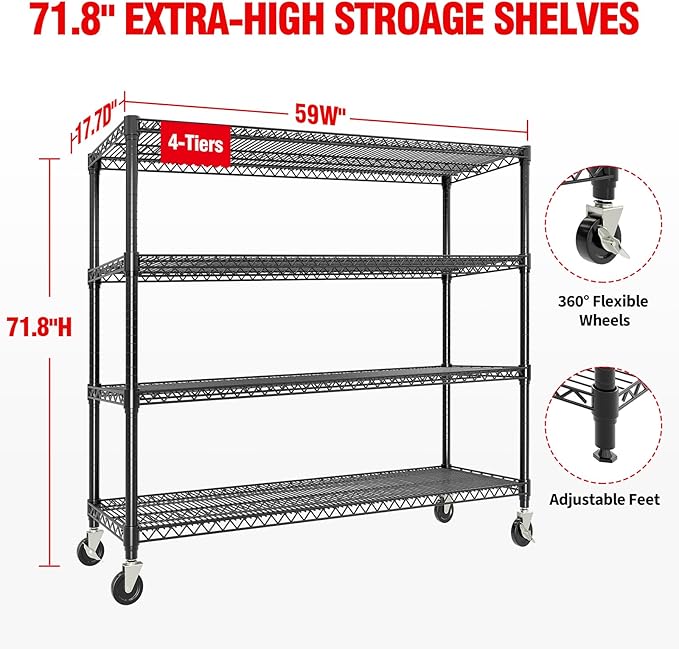 4-Tiers Storage Shelves 59" W x 71.8" H Heavy Duty Garage Shelving Units with Wheels, 2640LBS Rolling Wire Shelving Rack for Garage Kitchen Warehouse Industrial Pantry
