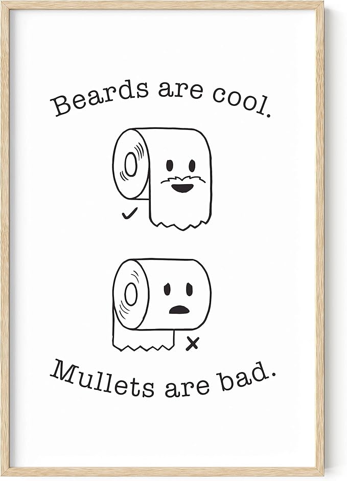 HAUS AND HUES Funny Bathroom Decor – Beard and Mullet Artwork, Playful Restroom Poster, Humorous Washroom Accent (24x36, Beige Frame)