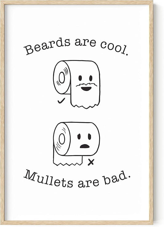 HAUS AND HUES Funny Bathroom Decor – Beard and Mullet Artwork, Playful Restroom Poster, Humorous Washroom Accent (24x36, Beige Frame)